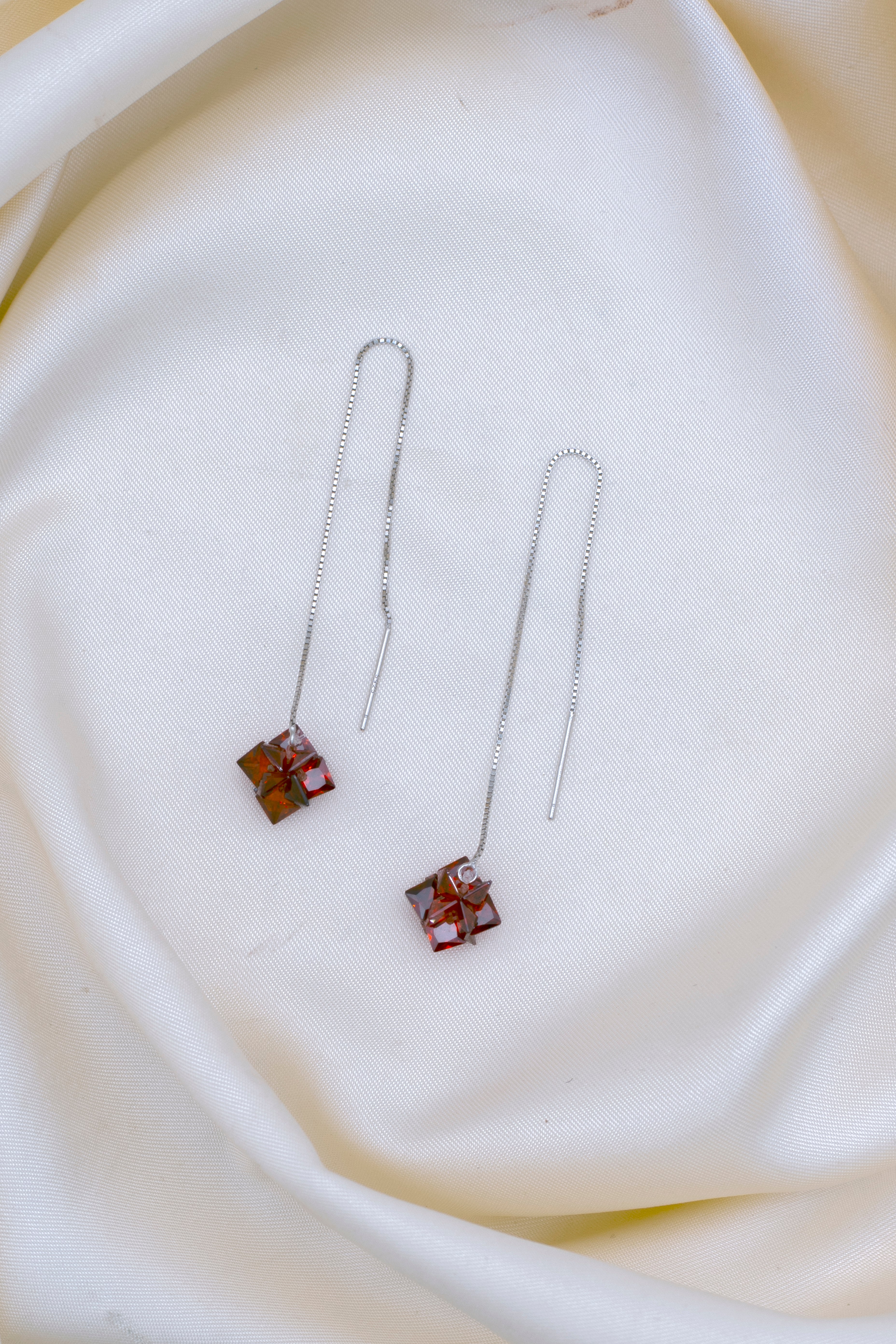 Threader Earrings with Red Crystal Design