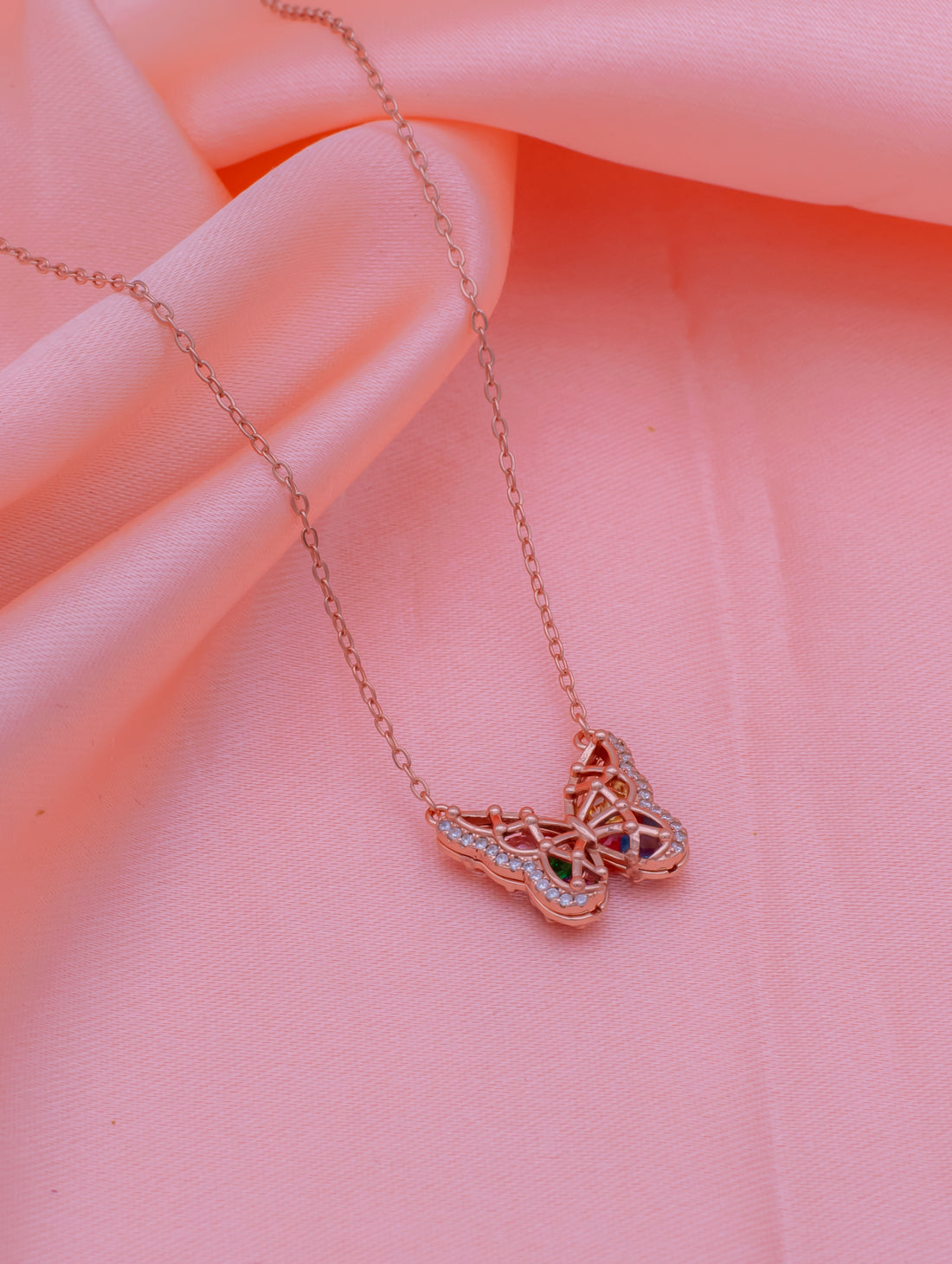925 Sterling Silver Rose Gold Butterfly Pendant Necklace with Colorful Stones