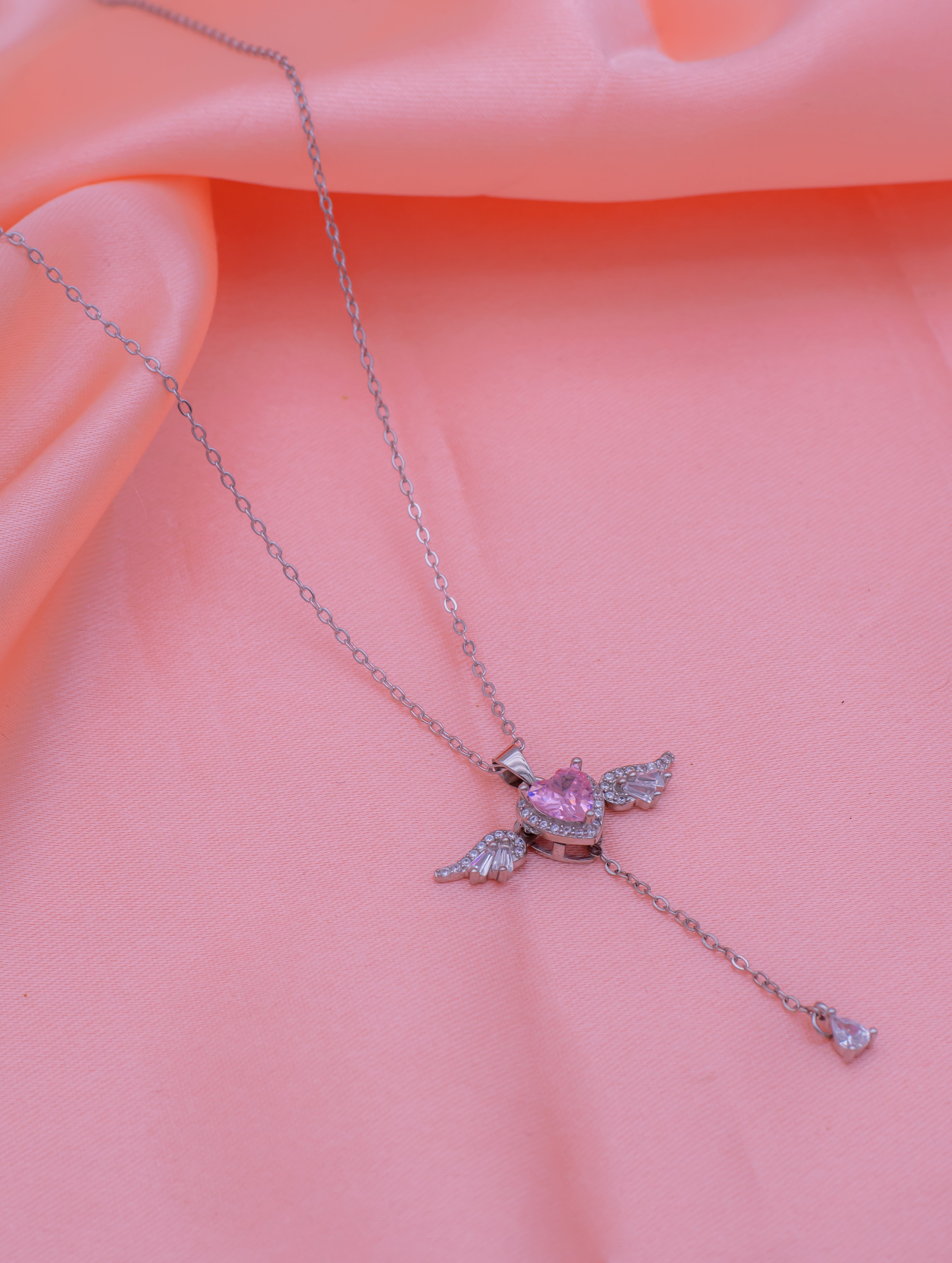 925 Sterling Silver Pink Heart Wing Pendant Necklace