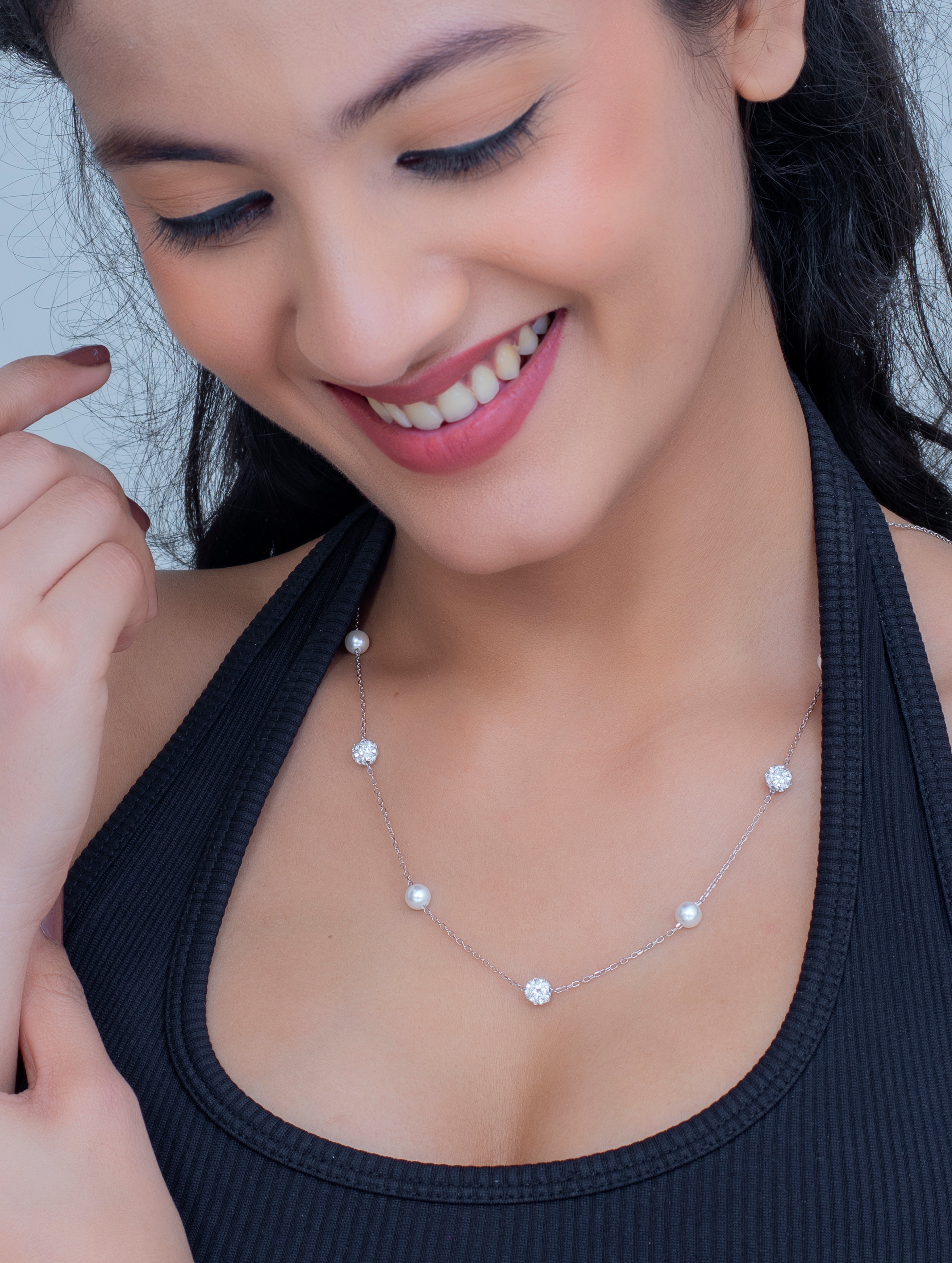 925 Sterling Silver Pearl & Zircon Ball Necklace