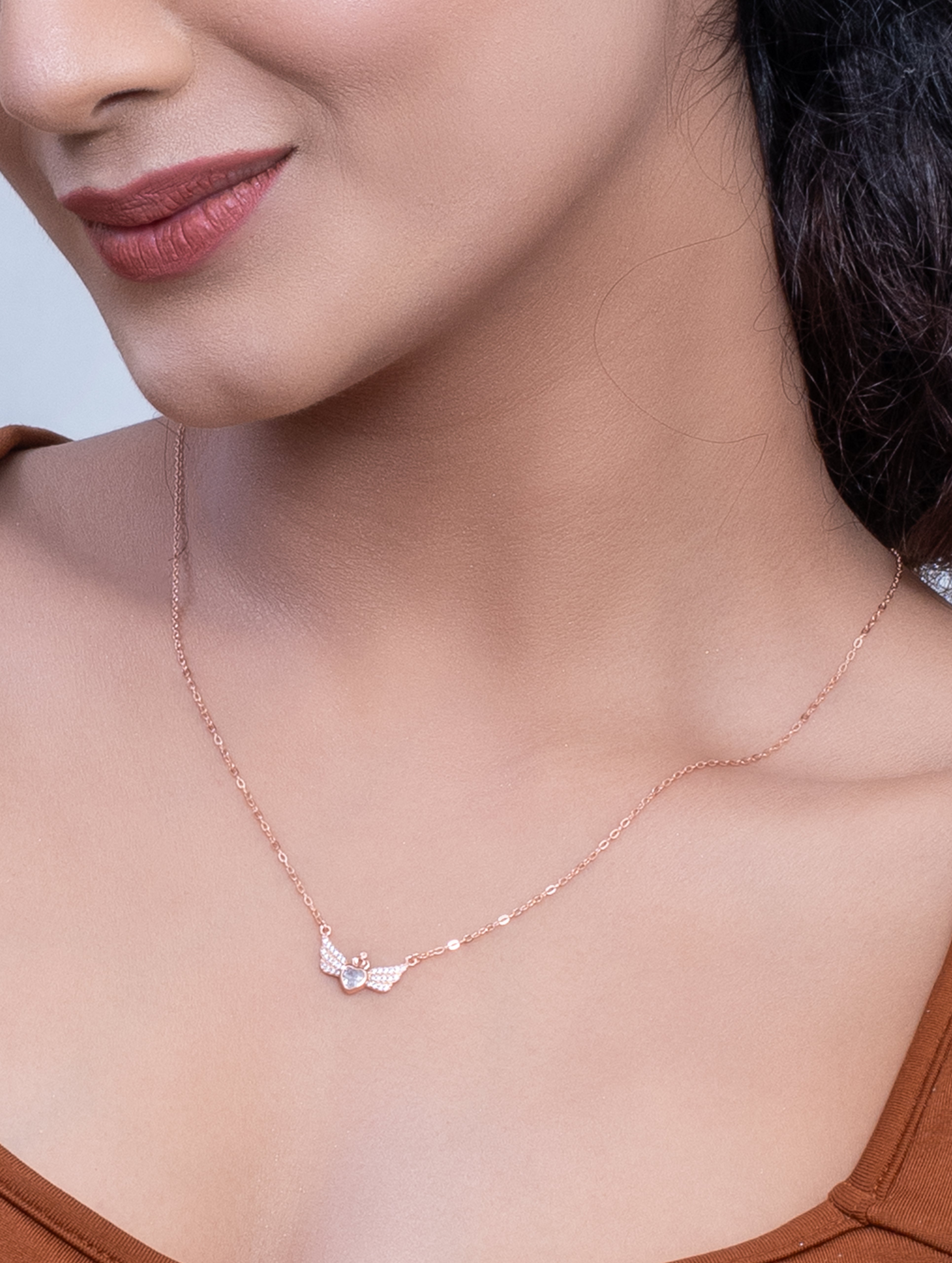 925 Sterling Silver Heart & Crown Pendant Necklace with Swarovski Wings