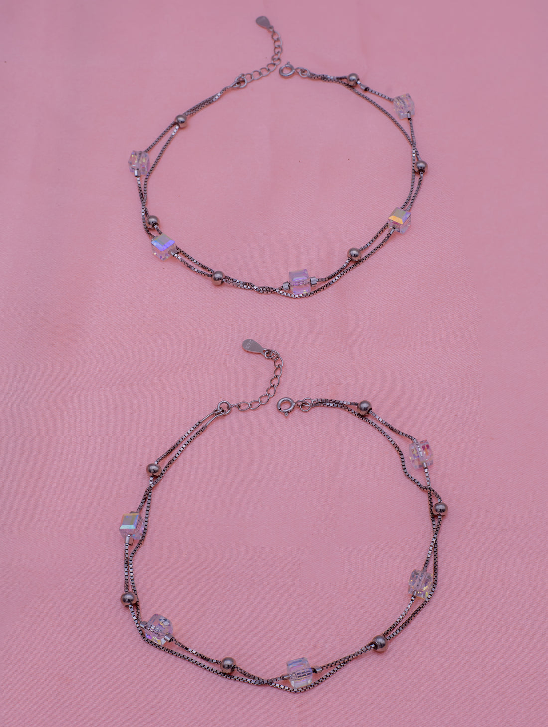 Double-Layered Rainbow Crystal Anklet – 925 Pure Silver
