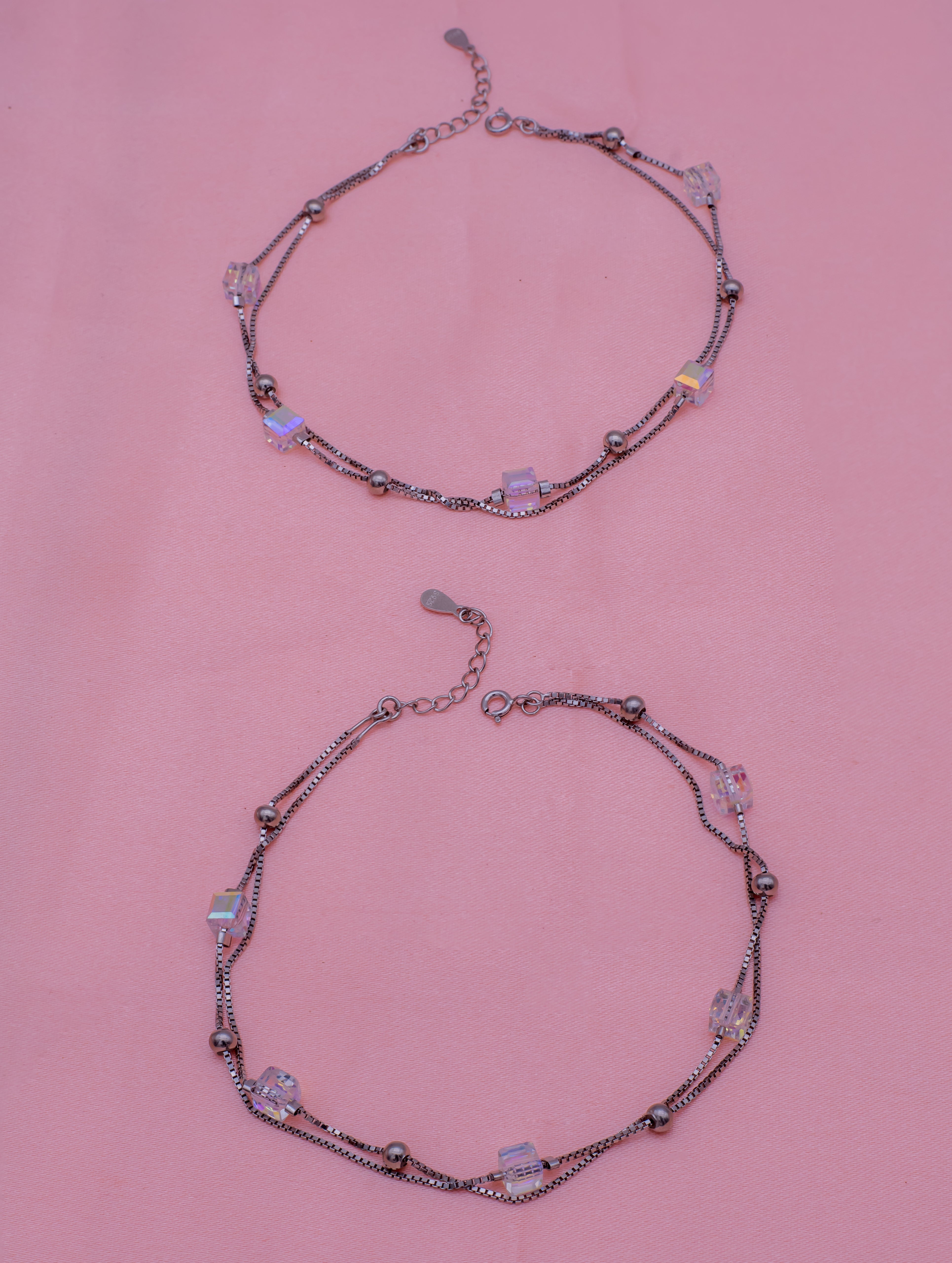 Double-Layered Rainbow Crystal Anklet – 925 Pure Silver