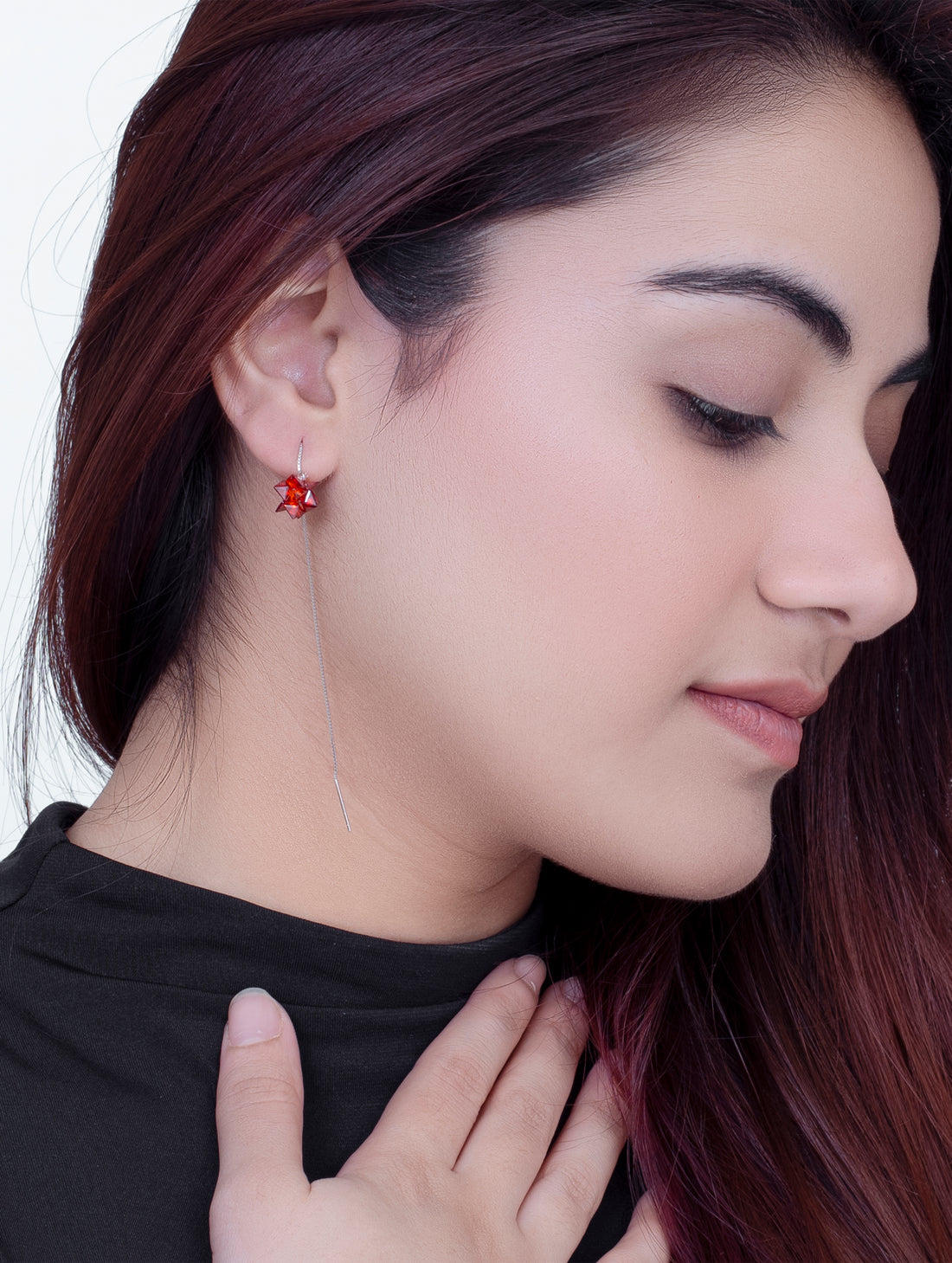 Threader Earrings with Red Crystal Design