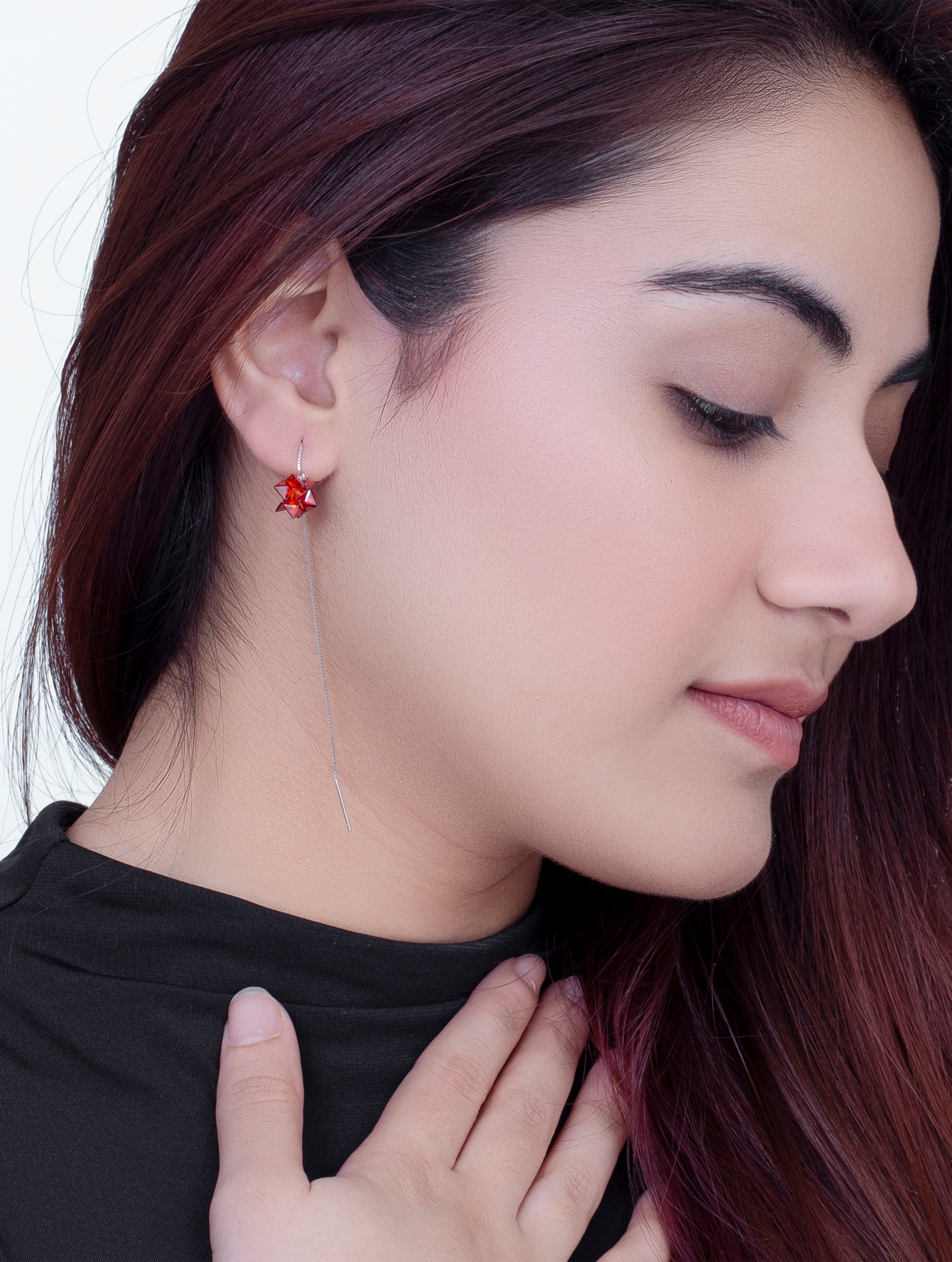 Threader Earrings with Red Crystal Design