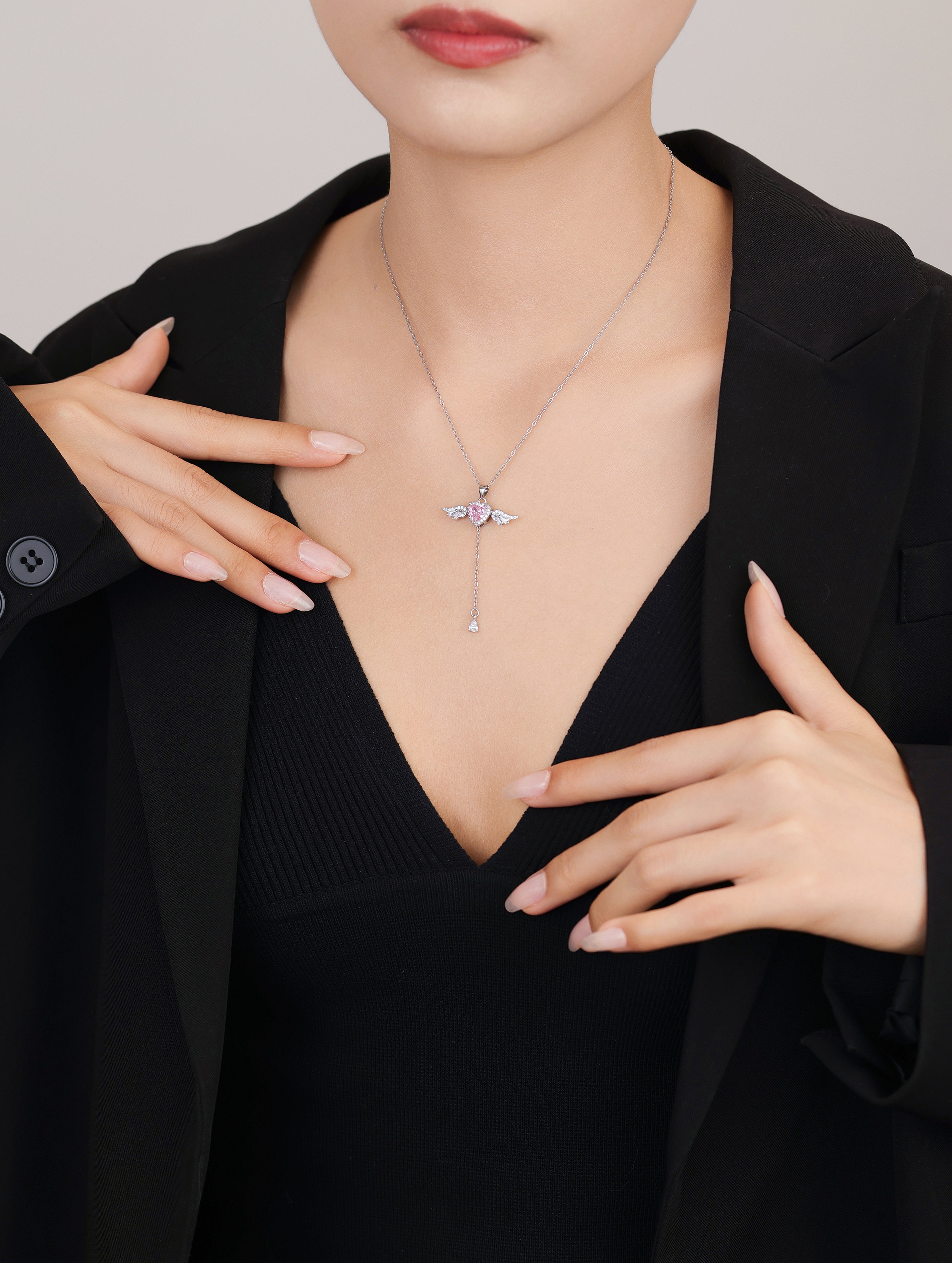 925 Sterling Silver Pink Heart Wing Pendant Necklace