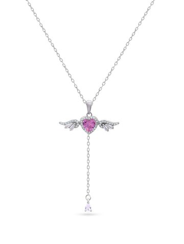925 Sterling Silver Pink Heart Wing Pendant Necklace