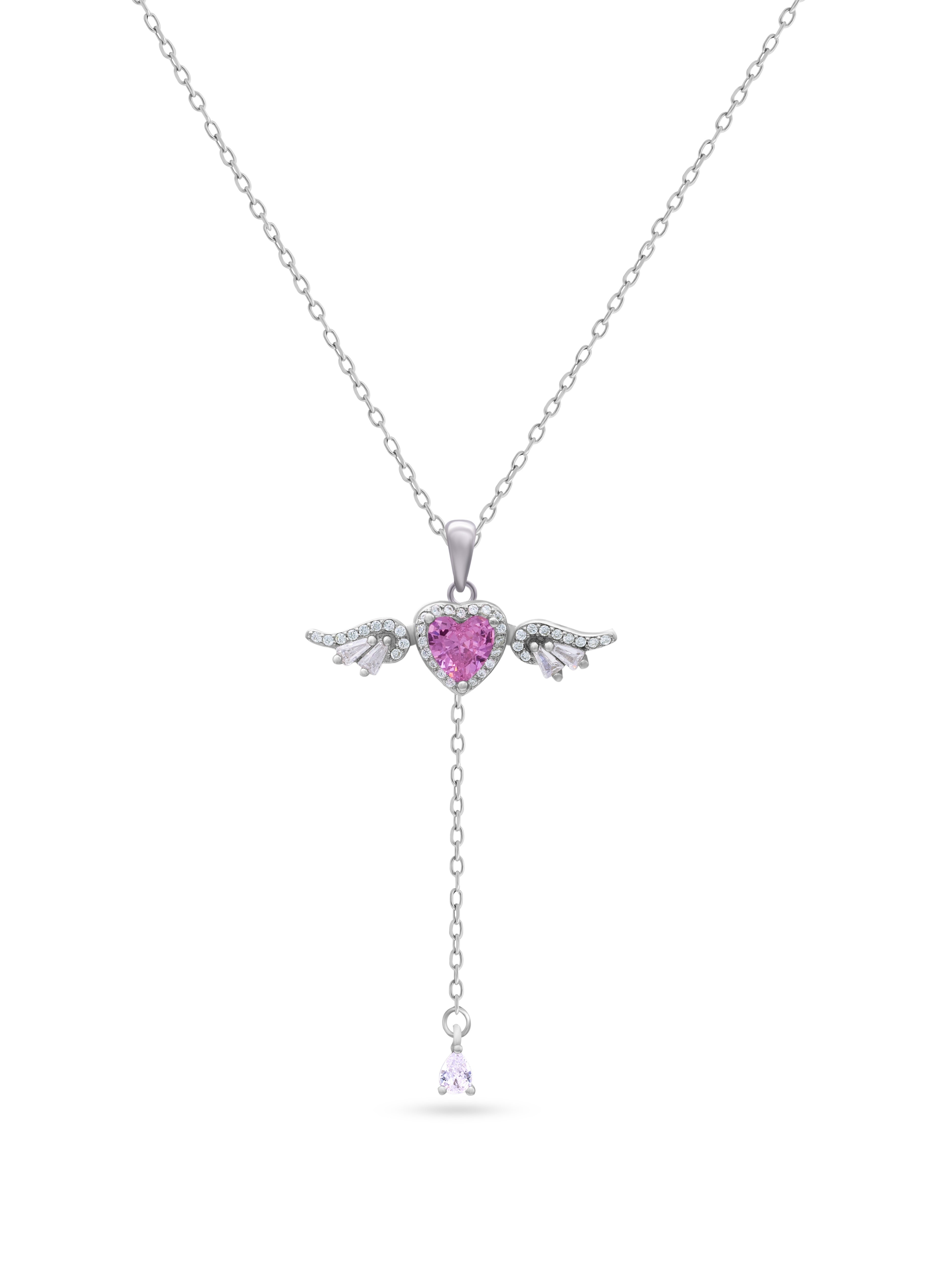 925 Sterling Silver Pink Heart Wing Pendant Necklace