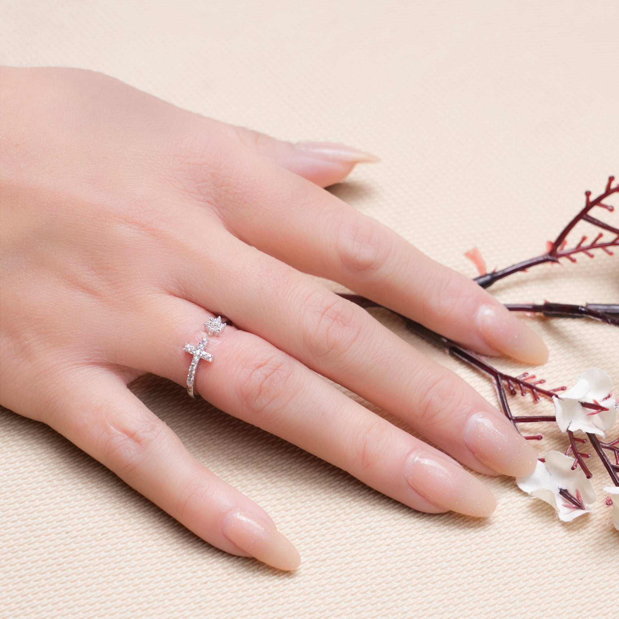 Silver Cross and Bloom Zircon Ring