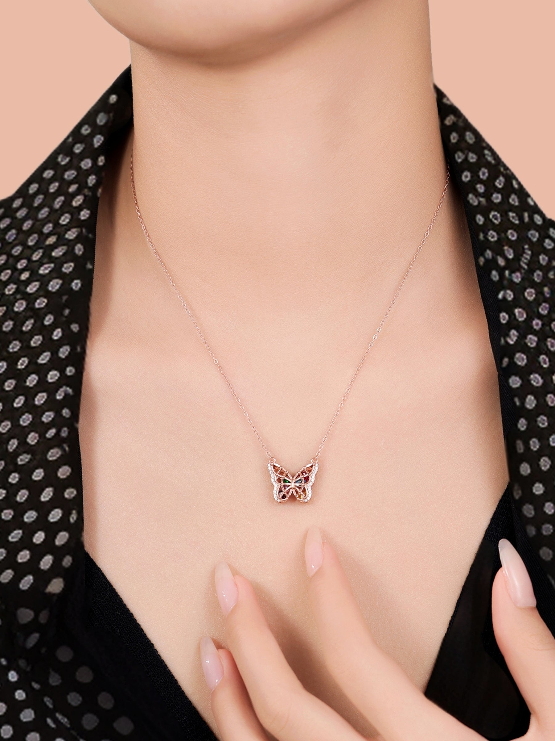 925 Sterling Silver Rose Gold Butterfly Pendant Necklace with Colorful Stones