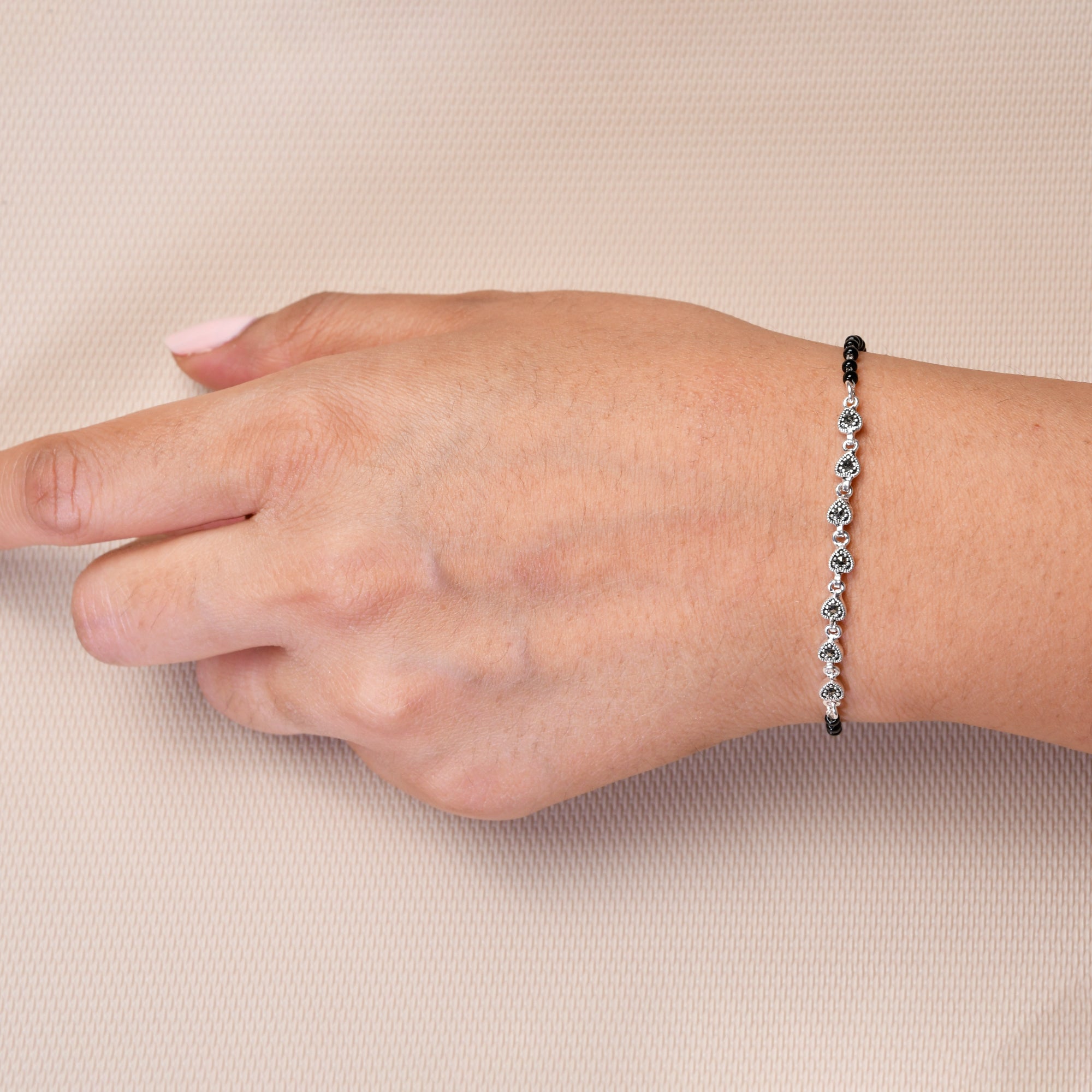 Silver Black Bead Bracelet - Minimalist Design