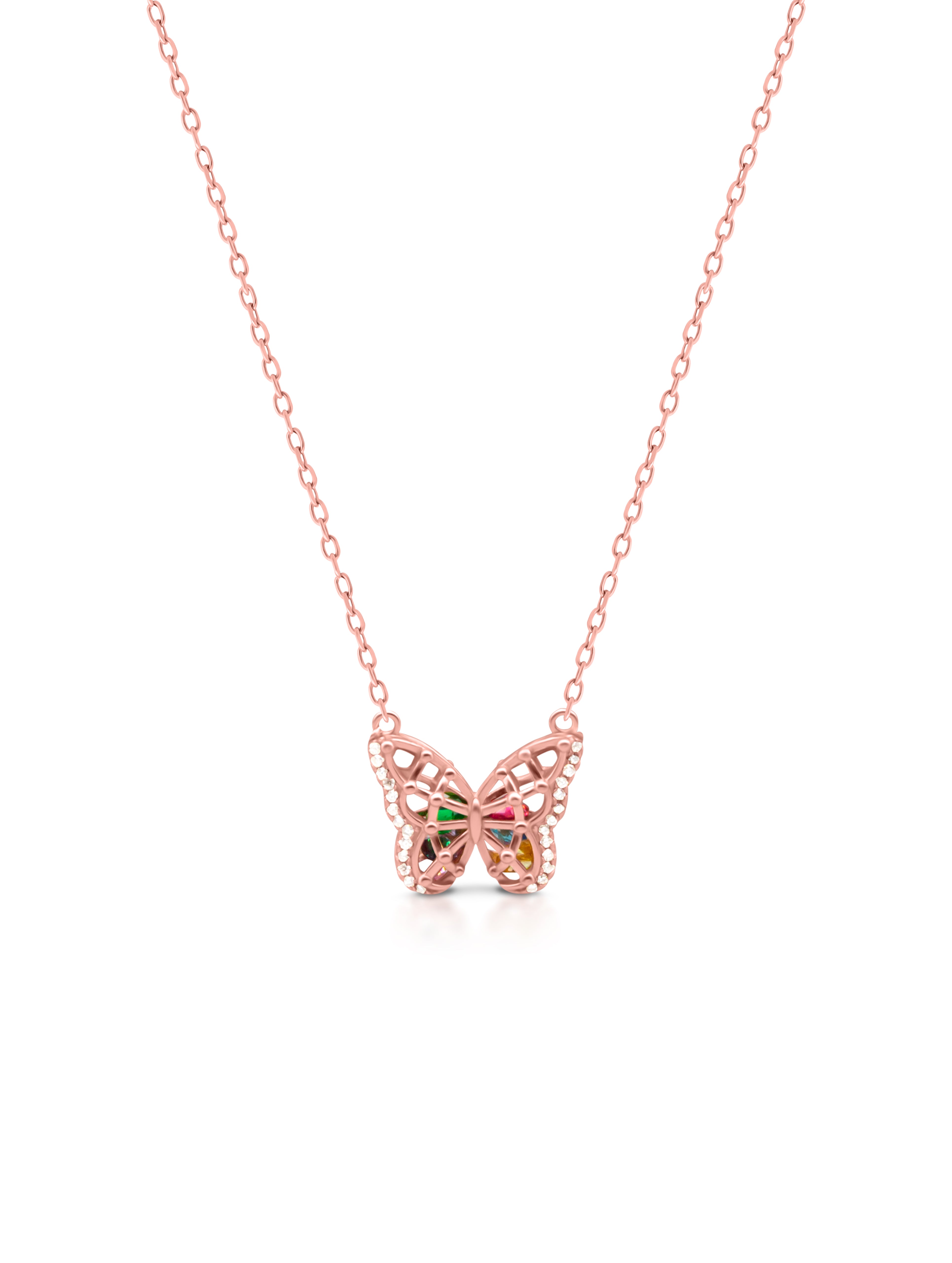 925 Sterling Silver Rose Gold Butterfly Pendant Necklace with Colorful Stones