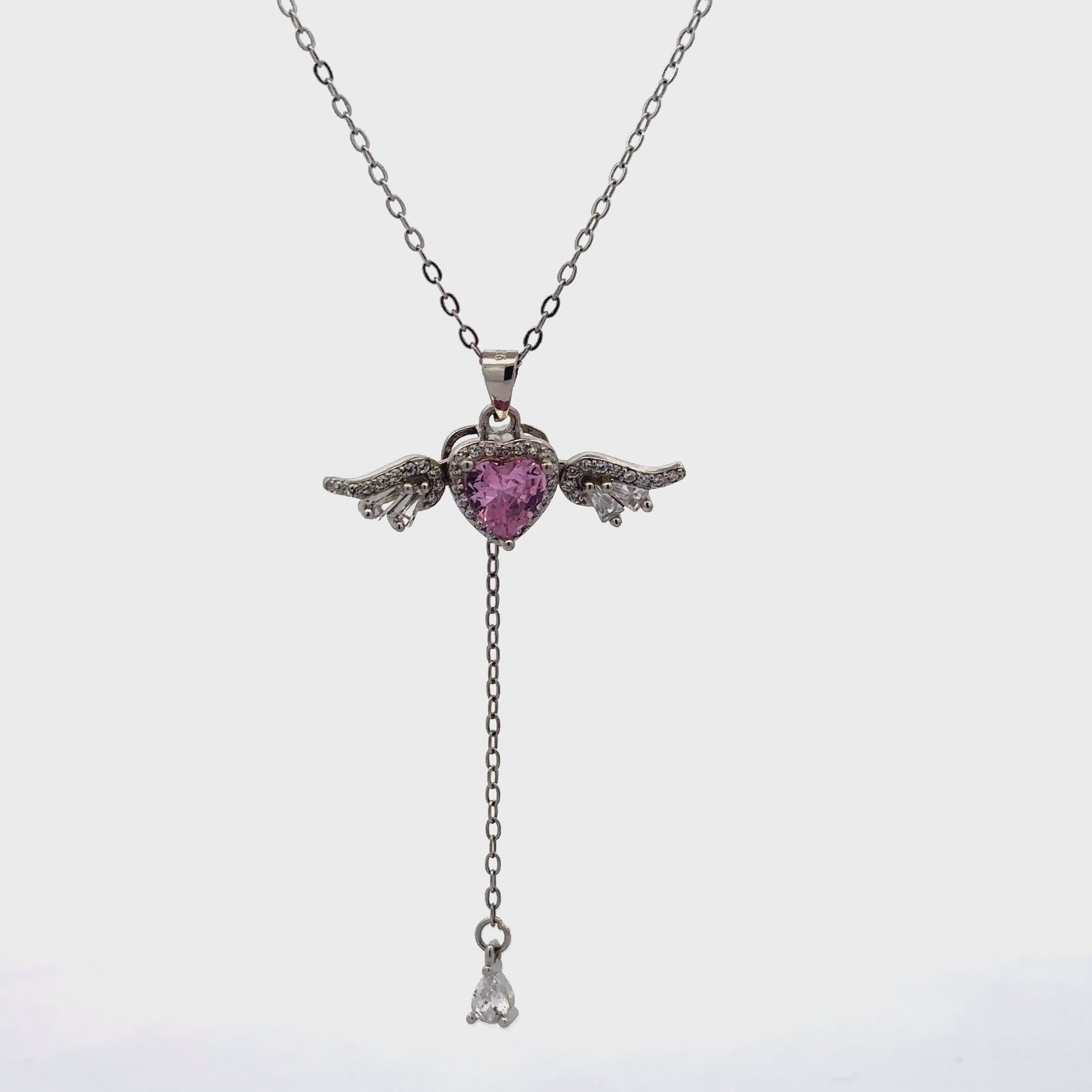 925 Sterling Silver Pink Heart Wing Pendant Necklace