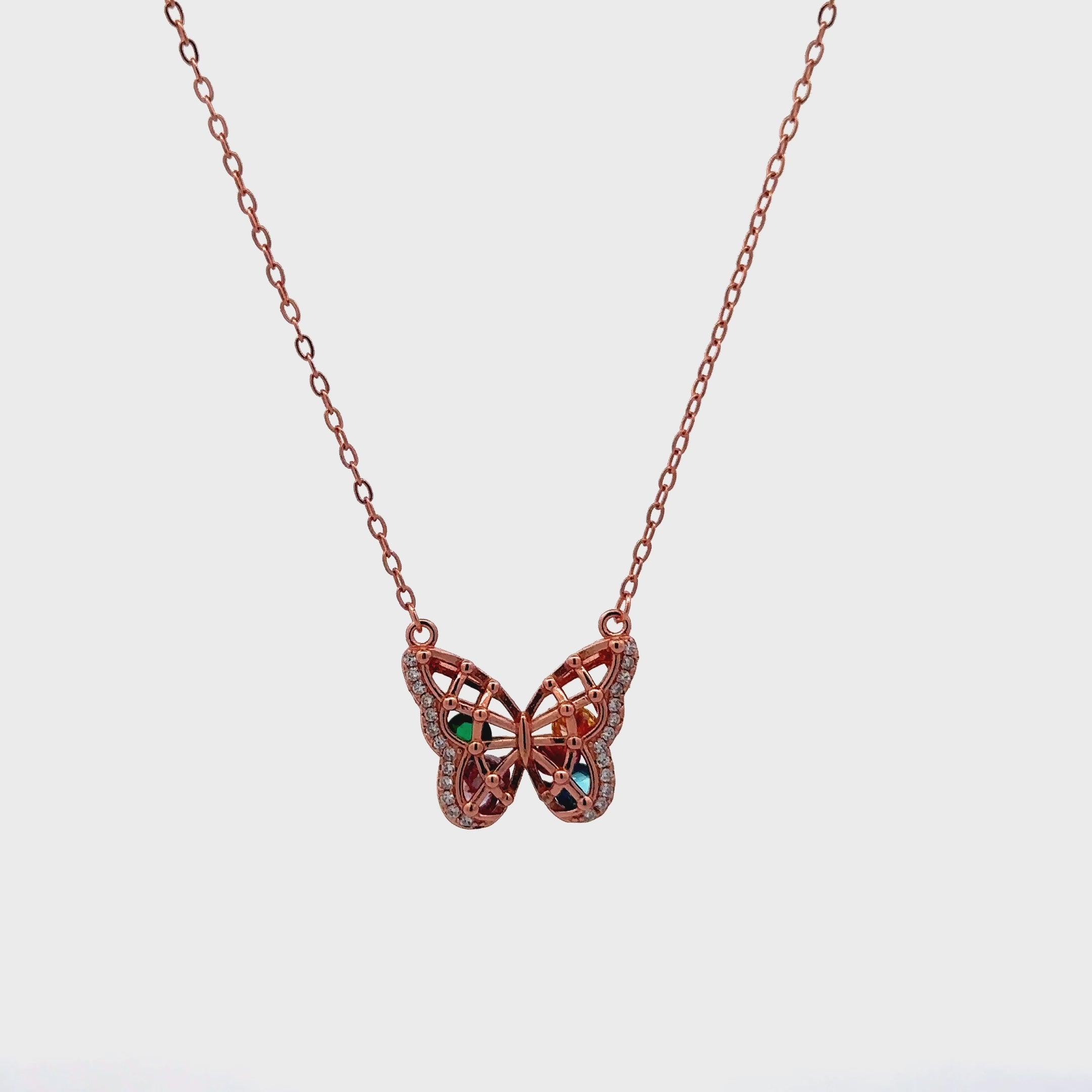 925 Sterling Silver Rose Gold Butterfly Pendant Necklace with Colorful Stones