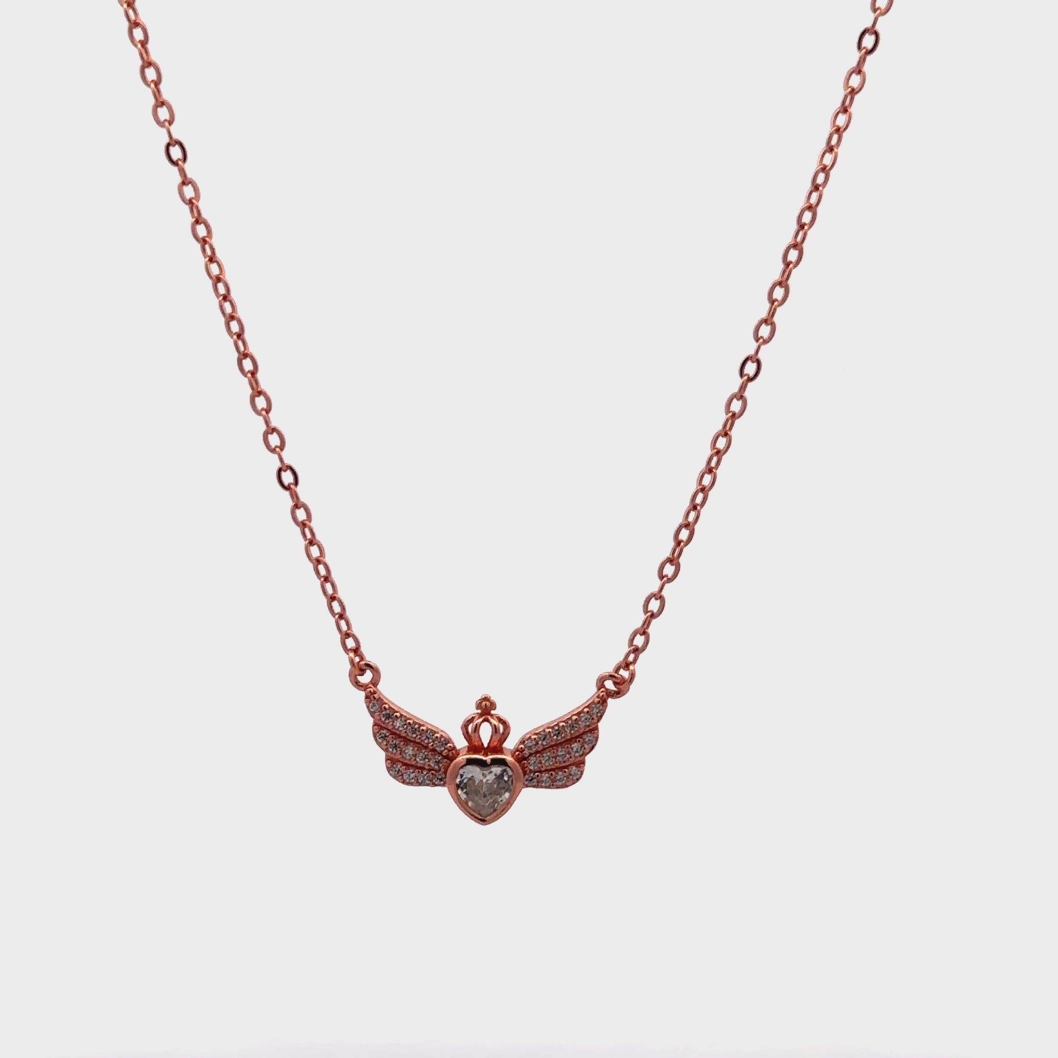 925 Sterling Silver Heart & Crown Pendant Necklace with Swarovski Wings