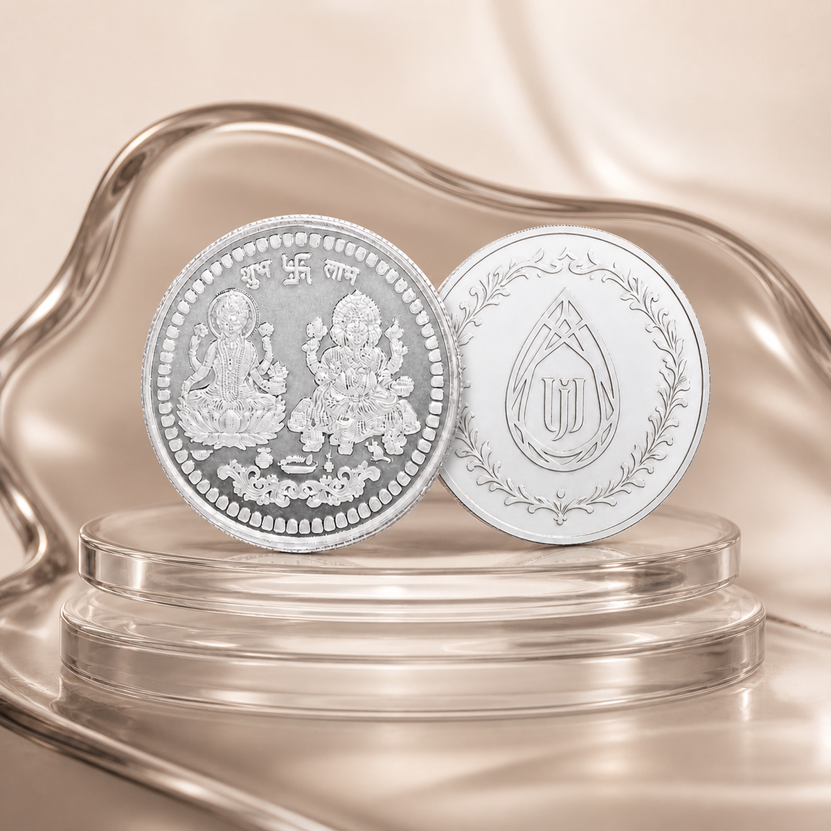 925 silver coin pair on champagne-taupe tinted glass