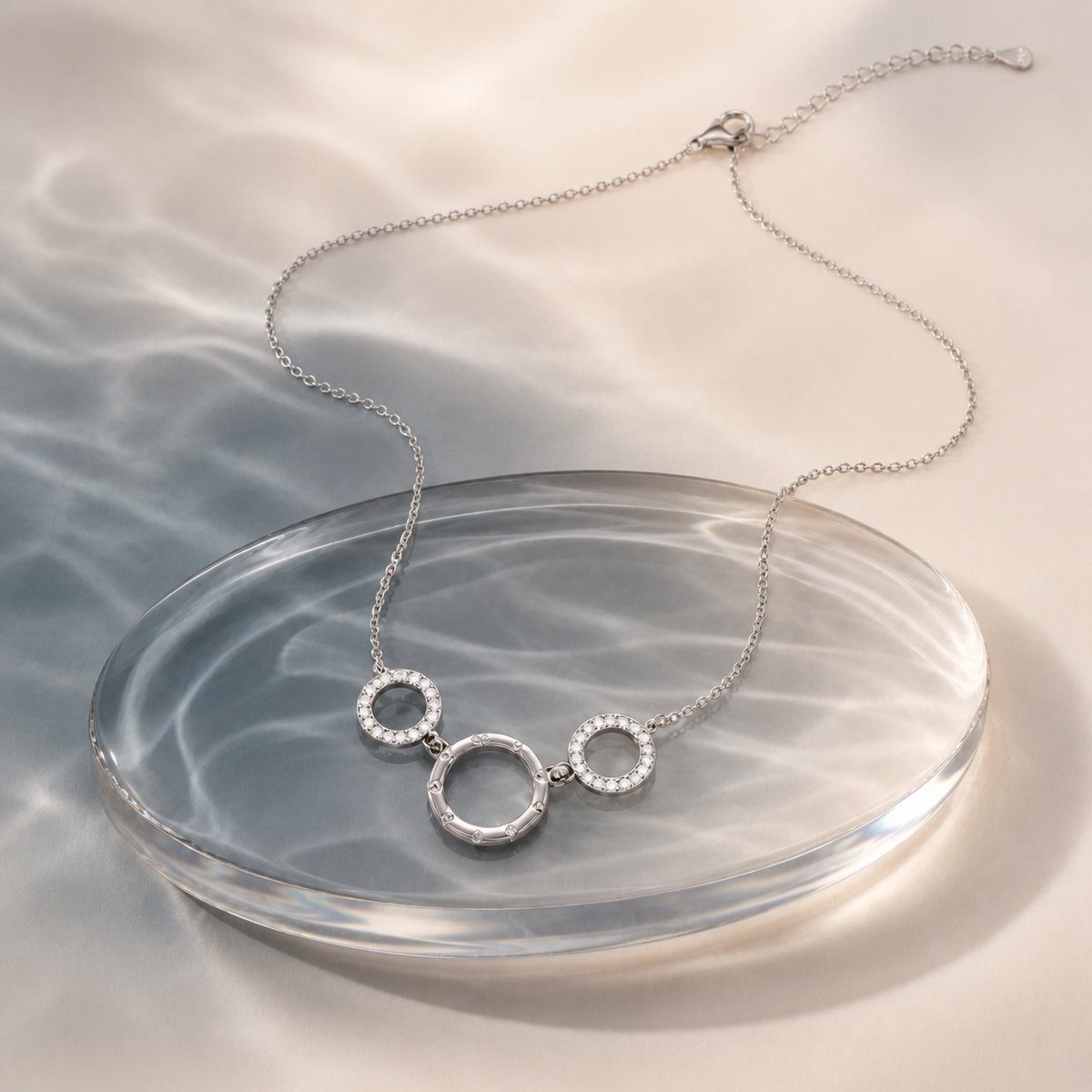 925 silver necklace set on mineral blue-grey tinted glass