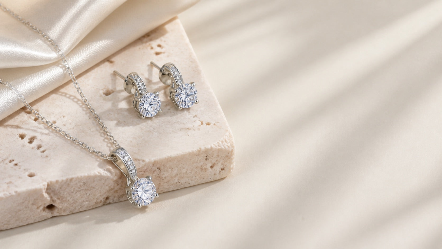 Silver solitaire earrings and pendant arranged on cream satin